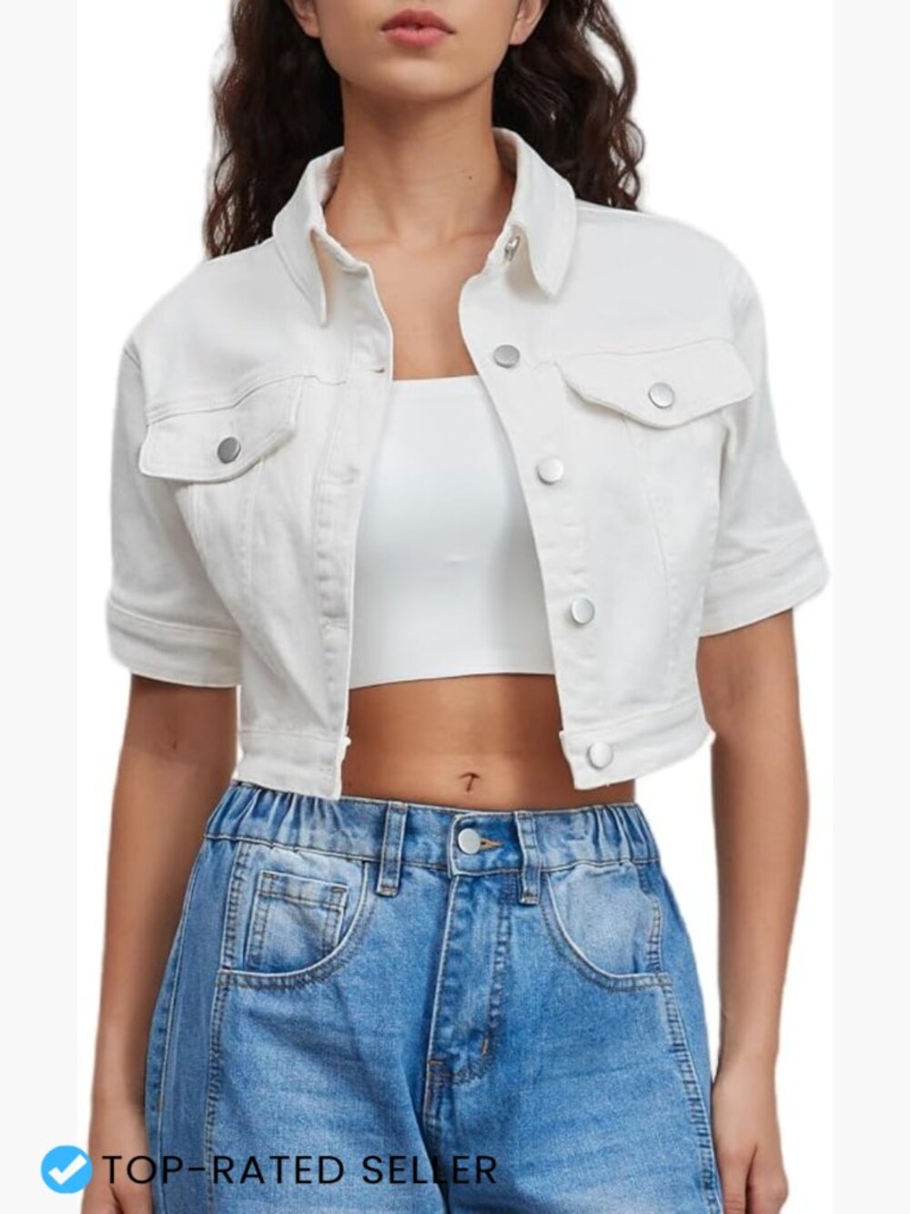 Cropped Denim Jacket Women Short Sleeve Button Down Classic Trucker Slim Fit